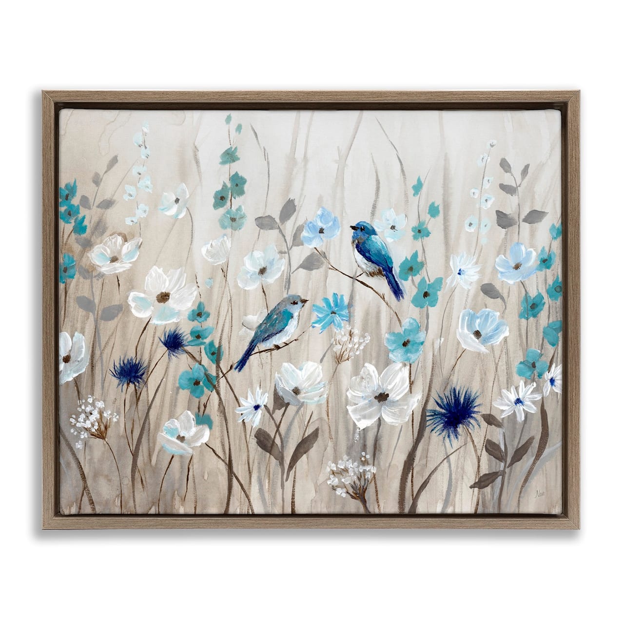 Stupell Industries Birds Floral Meadow Blossoms Floater Framed Art